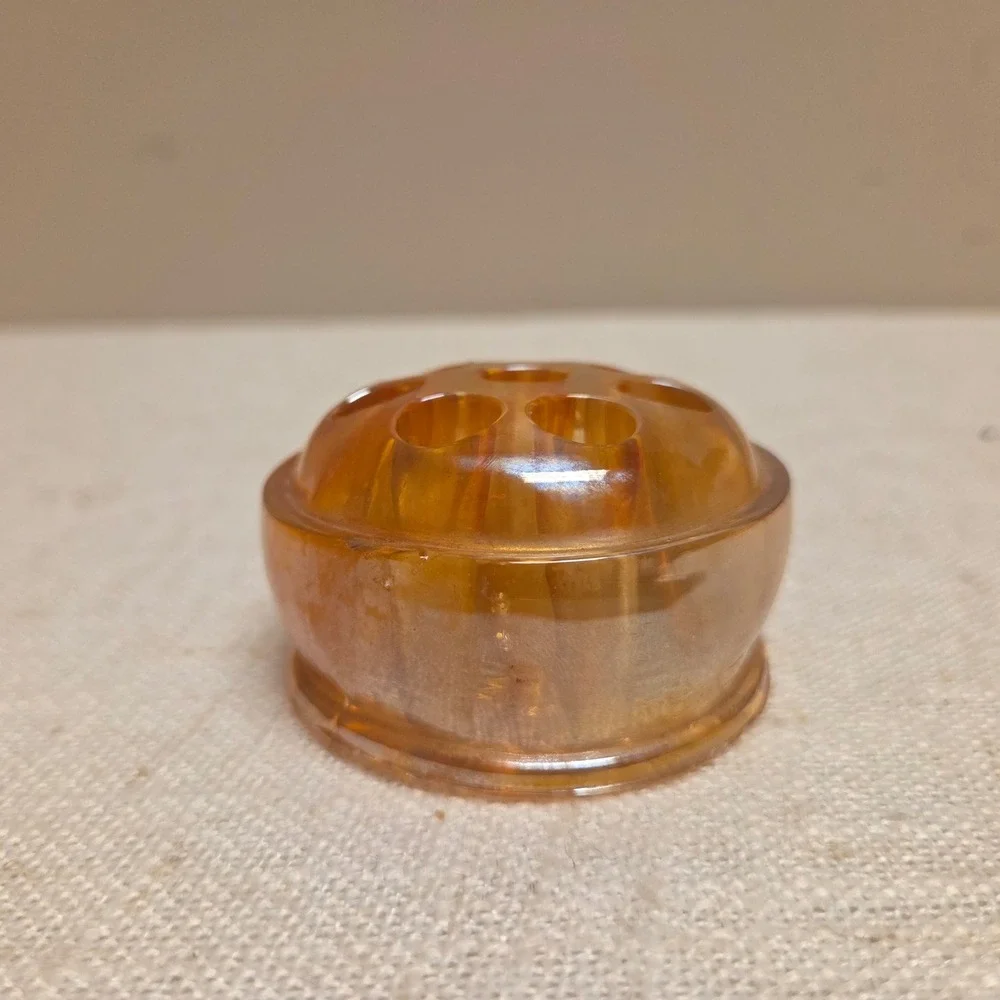Vintage Amber Carnival Glass Flower Frog Iridescent Marigold 8 Hole Small Round